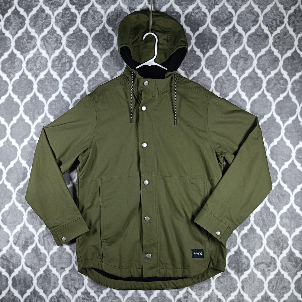 Hurley Jacket Men Large Olive Green Hooded Waffle Thermal Lined Snap Up  Utility